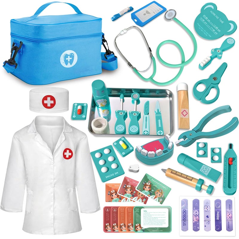 XZZO Kids Dentist Play Set 48 Pcs Doctor Kit for Toddlers 35 Pretend Playset for Toddlers with Medical Bag Stethoscope and Removable Teeth Educational Wooden Medical Kit for Boys Girls - Image 3