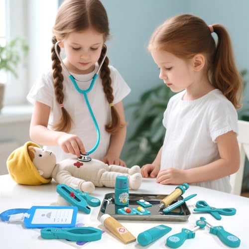 XZZO Kids Dentist Play Set 48 Pcs Doctor Kit for Toddlers 35 Pretend Playset for Toddlers with Medical Bag Stethoscope and Removable Teeth Educational Wooden Medical Kit for Boys Girls - Image 5