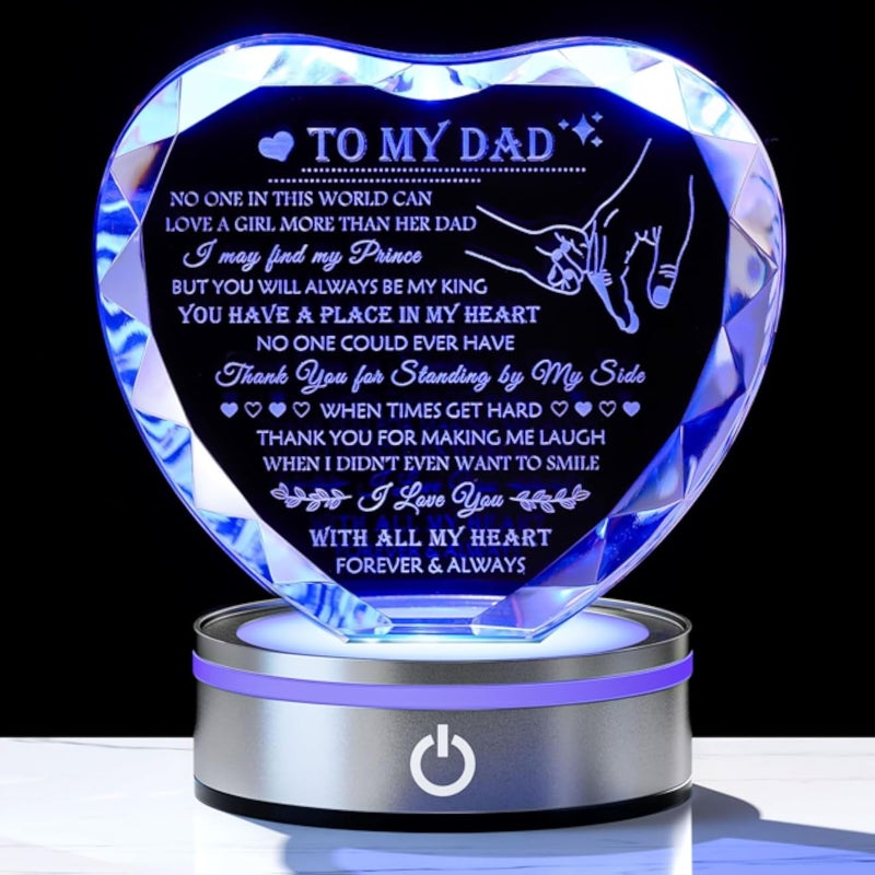 Enjinkail Dad Birthday Gifts from Daughter - Crystal Heart Plaque Keepsake for Christmas, Valentines Day, Father's Day with Colorful Light Base
