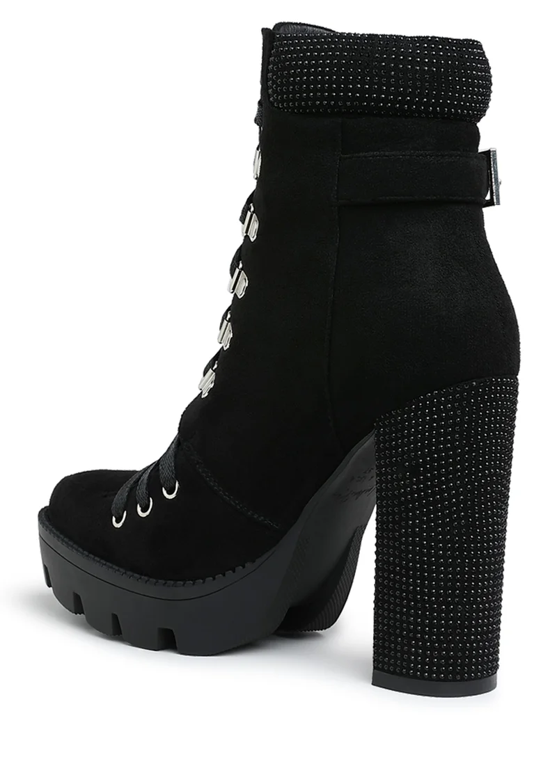 London Rag Black Diamante Set Block Heeled Ankle Boot