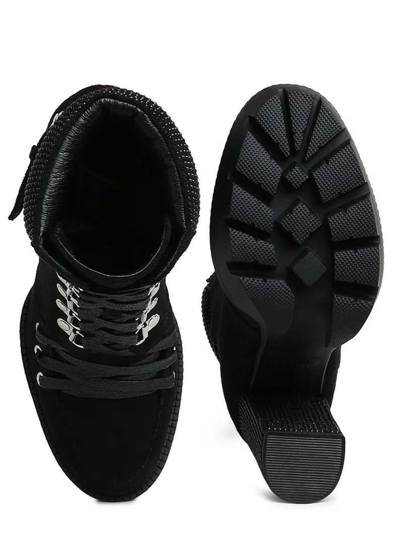 London Rag Black Diamante Set Block Heeled Ankle Boot