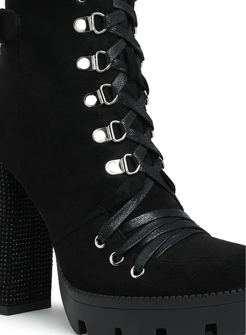 London Rag Black Diamante Set Block Heeled Ankle Boot