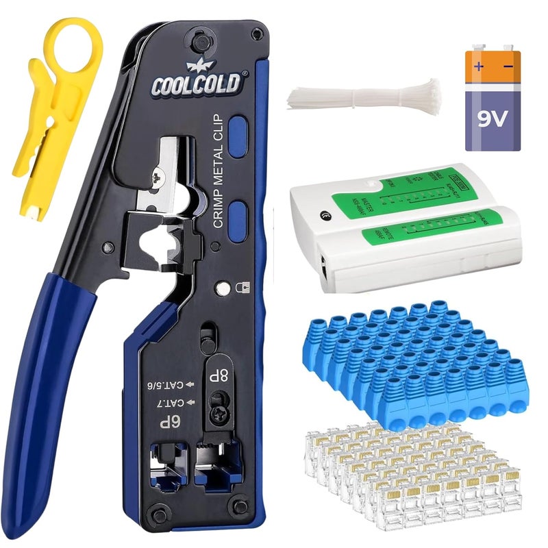 COOLCOLD RJ45 Crimping Tool Kit – All-in-One Passthrough Ethernet Crimper for Cat5/Cat6/Cat7 – Includes Network Cable Tester with Battery, 10pc Cable Ties 10pc Cat6 Connectors & 10pc Boots(Multicolor) - Image 1