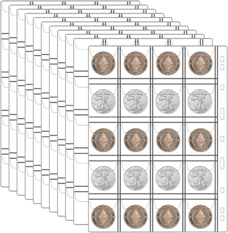 ANKHOH 12 Sheets Coin Collection Pages, Coins Pocket Page with 240 Pockets, Coin Binder Inserts Sleeves with Standard 9 Hole for Coin Album. Storage Holder for Currency, Stamp and Other Supplies (20 Pockets) - Image 1