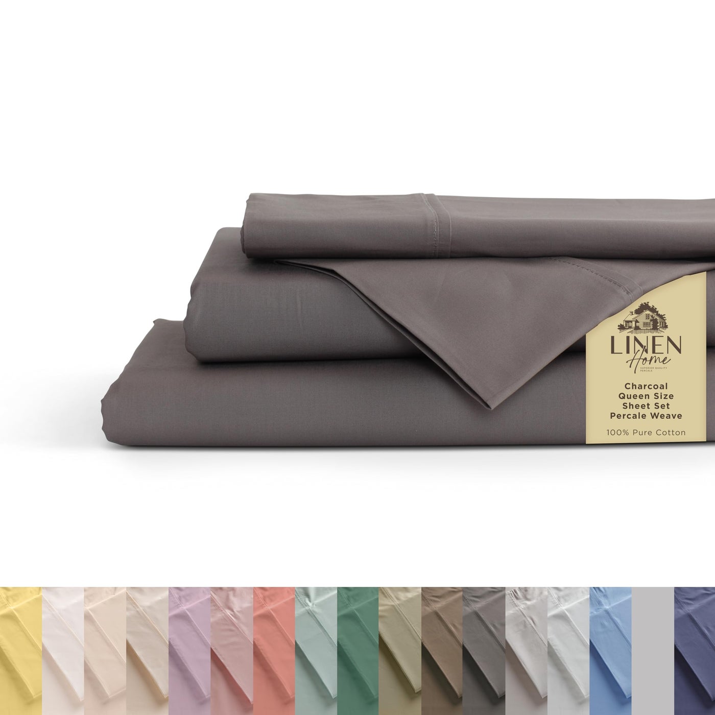 Linen Home 100% Cotton Percale Sheets Queen Size, Smoky Charcoal, Deep Pocket, 4 Pieces Set - 1 Flat, 1 Deep Pocket Fitted Sheet and 2 Pillowcases, Crisp Cool and Strong Bed Linen