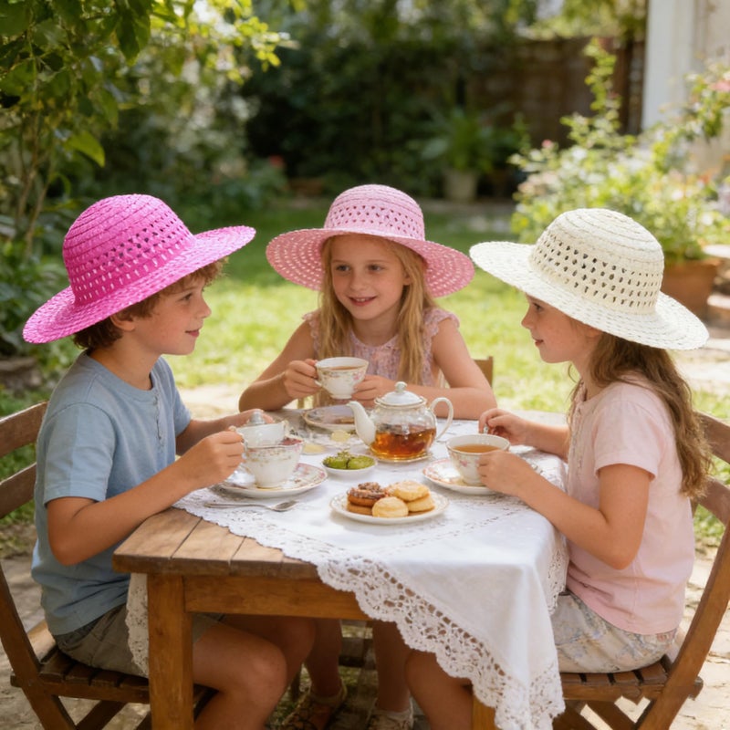 DearSun Hat, Set of 4pcs Summer Straw Sun Hat for Kids Child Birthday Easter Party Tea Party DIY, Assorted Colors (Beige, Blue, Light Pink, Dark Pink) - Image 2