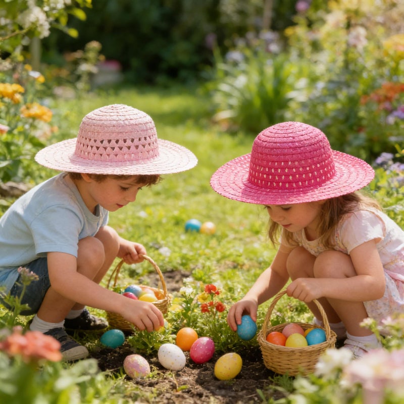 DearSun Hat, Set of 4pcs Summer Straw Sun Hat for Kids Child Birthday Easter Party Tea Party DIY, Assorted Colors (Beige, Blue, Light Pink, Dark Pink) - Image 1