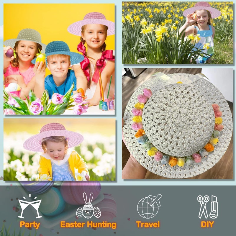 DearSun Hat, Set of 4pcs Summer Straw Sun Hat for Kids Child Birthday Easter Party Tea Party DIY, Assorted Colors (Beige, Blue, Light Pink, Dark Pink) - Image 5
