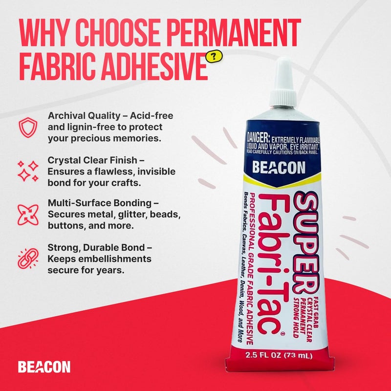 BEACON Super Fabri-Tac - New Industrial Grade Fabric Adhesive - Fast Grab, Quick Drying, Permanent & Crystal Clear - Suitable for Fabrics, Wood, Glass & More, 2.5-Ounce - Image 2