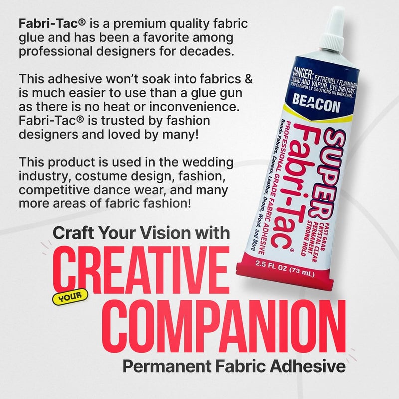 BEACON Super Fabri-Tac - New Industrial Grade Fabric Adhesive - Fast Grab, Quick Drying, Permanent & Crystal Clear - Suitable for Fabrics, Wood, Glass & More, 2.5-Ounce - Image 3