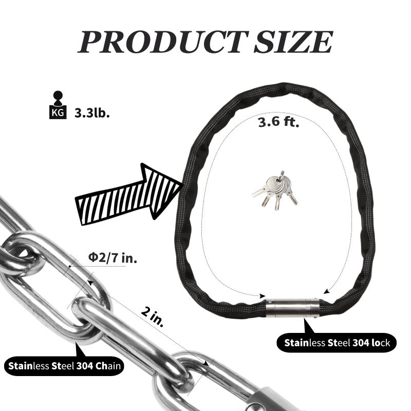 FIGODE Stainless Steel Chain Lock with 4 Same Keys, Rustproof Lock and Chain, Marine Grade Lock for Bike, Moto, Scooter, Boat, Truck and Door. Anti-Theft – 110 CM Long Chain - Image 4