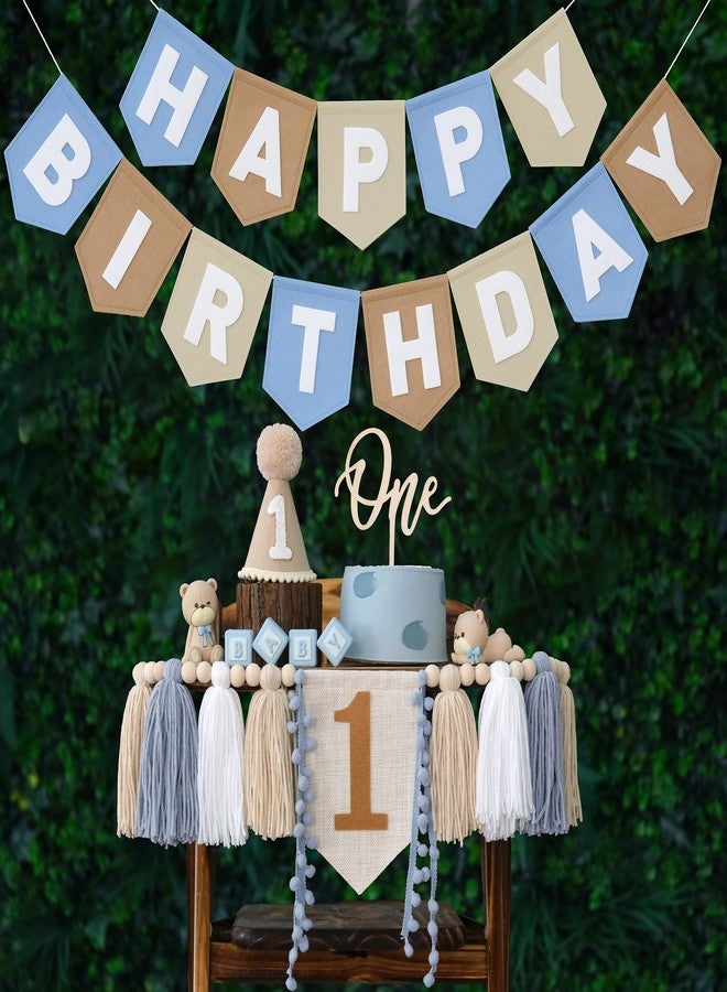 DCJHFJ Felt Khaki Blue Happy Birthday High Chair Banner Pre-Strung Birthday Hanging Decoration For 1st Birthday Decorations Boy - Image 1