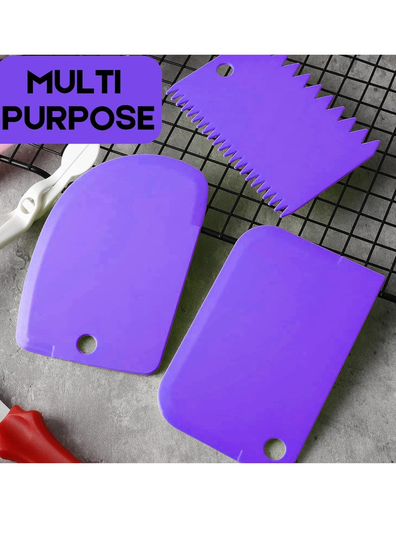 Cake Scraper Cake Decorating Comb, Flexible Plastic Dough Scraper for Bread Making, Reusable Pastry Pizza Dough Cutting Tool for Baked Cake Edge Stripe Decoration (Purple *3 Pieces) - Image 2