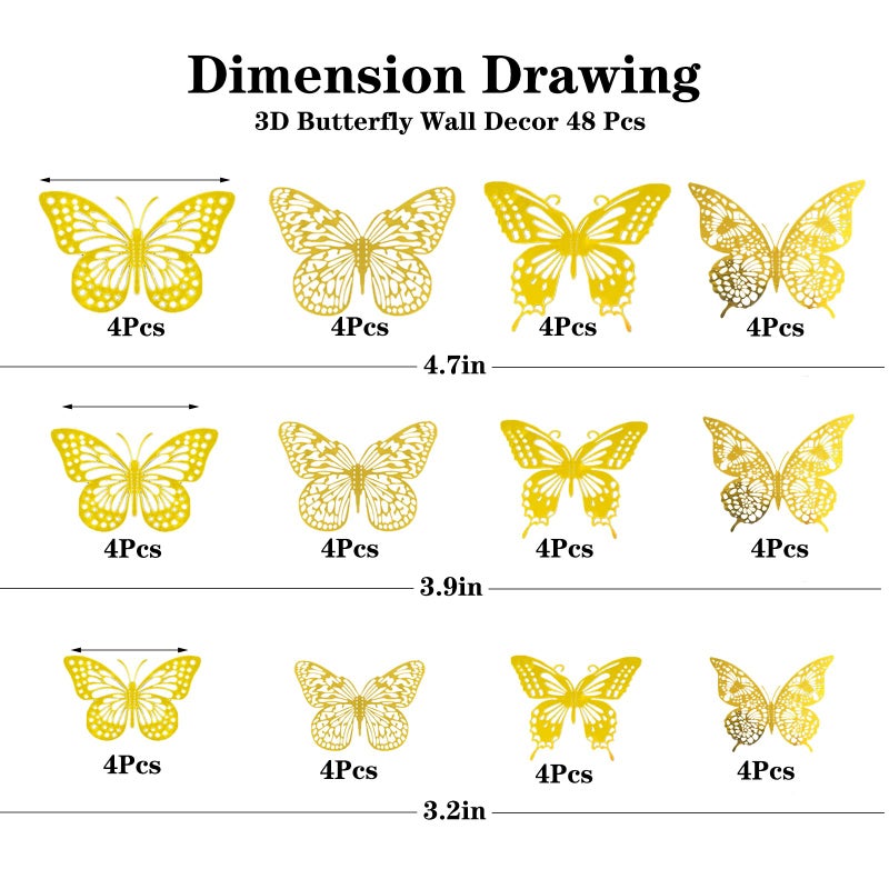 Meikeer 3D Butterfly Wall Decor 48 Pcs 4 Styles 3 Sizes  for Birthday Decorations Party Decorations  Removable Wall Stickers Interior Decorations Kids Nursery Classroom Wedding Decor (Gold) - Image 2