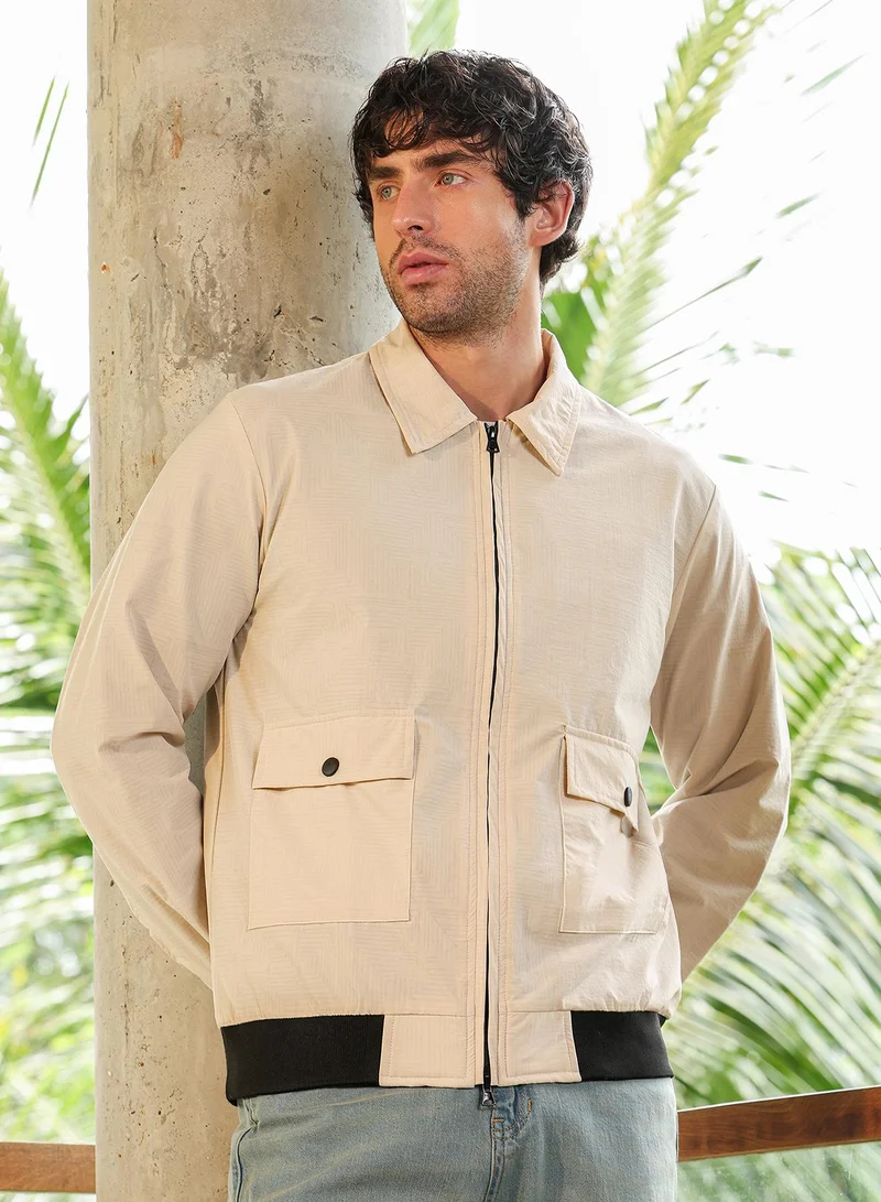 Campus Sutra Men Zip-Front Open Jacket| Woven Fabric For Casual Wear | Cream