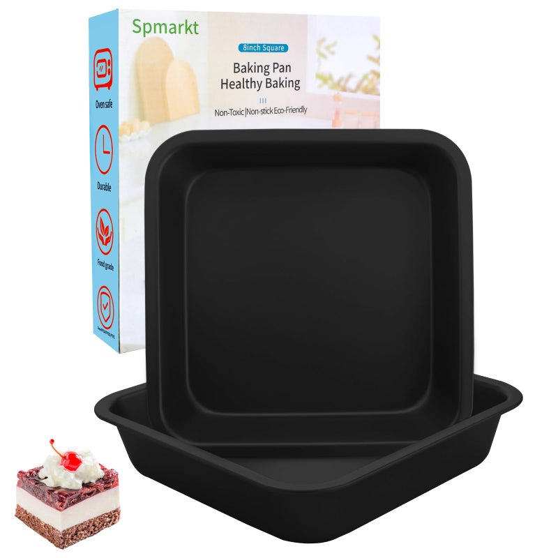 Spmarkt 2-Pack 8Inch Black Square Baking Pan, Non-Stick Cake Pan for Baking Brownies, 8×8 Square Baking Pan for Making Meat Dishes, Square Cake Pan for Beginners, Dishwasher Safe, Easy to Clean Disassembly - Image 1