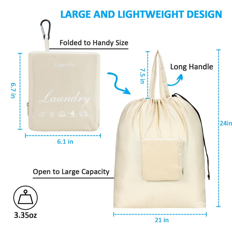 GOGOODA Travel Laundry Bags with Drawstring Closure XL Large Foldable Dirty Clothes bags with Handle Heavy Duty and Washable for College Dorm Travelling Camping, 2 Pack, Black & Beige - Image 2