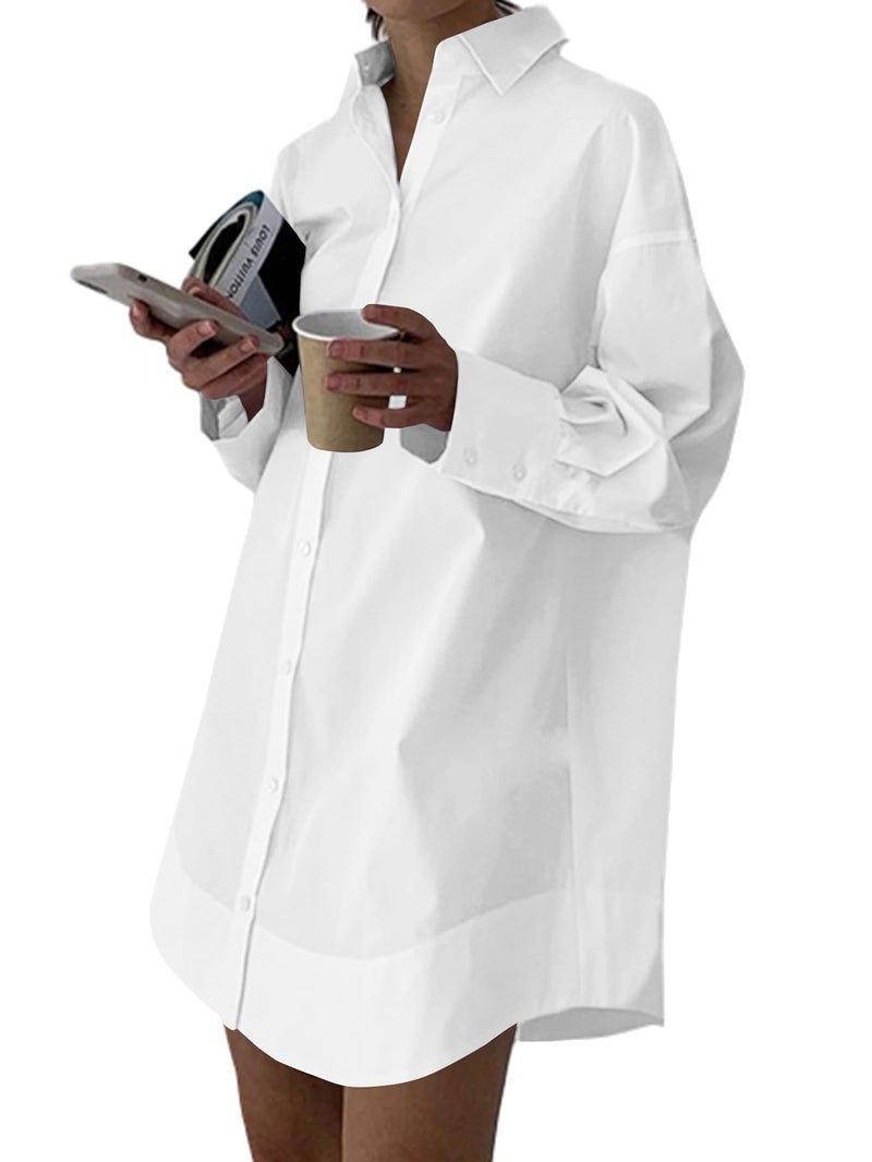 LYANER Women's Casual Shirt Dress Collar V Neck Button Down Loose Long Sleeve Mini Dresses White XX-Large - Image 1