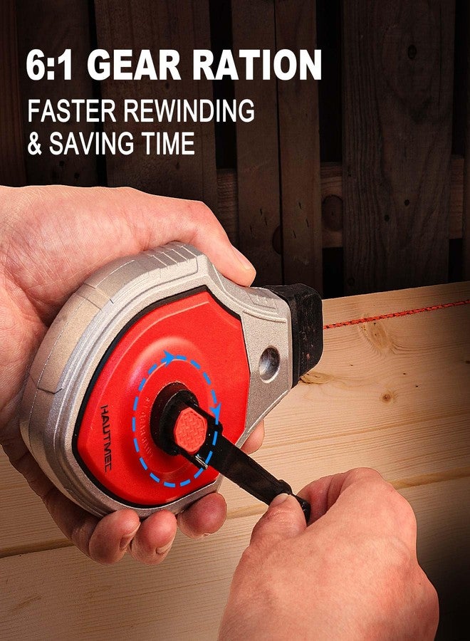 HAUTMEC خط طباشير HAUTMEC Pro، بكرة طباشير بطول 30 مترًا/100 قدم مع أداة خط طباشير بنسبة تروس 6:1، صندوق طباشير، مناسب للنجارين والبنائين، HT0356 - Image 4