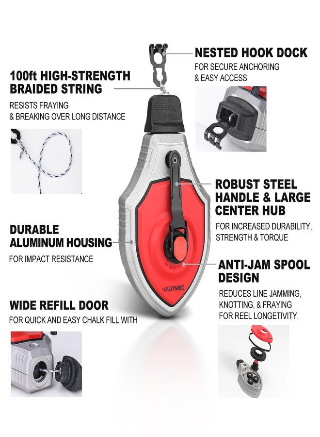 HAUTMEC خط طباشير HAUTMEC Pro، بكرة طباشير بطول 30 مترًا/100 قدم مع أداة خط طباشير بنسبة تروس 6:1، صندوق طباشير، مناسب للنجارين والبنائين، HT0356 - Image 2