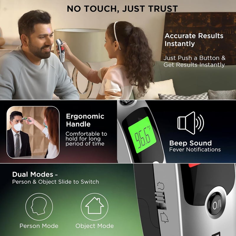 Dr Trust (الولايات المتحدة) مقياس حرارة رقمي بالأشعة تحت الحمراء للجبهة للأطفال والبالغين مع إرشادات حمى ملونة - 603 محترف - Image 3