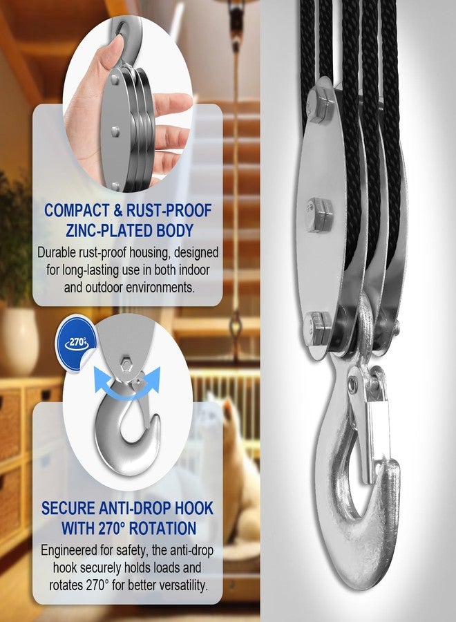 SALIFTFE Block and Tackle Pulley System, Upgraded 3-Wheel Rope Pulley Hoist, 5:1 Lifting Power, 1100LB Work Load with 55Ft of 1/4" Rope, Ultra-Compact Rope Hoist for Garage, Hunting, and Heavy Lifting - Image 4