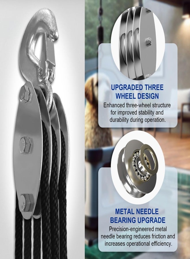SALIFTFE Block and Tackle Pulley System, Upgraded 3-Wheel Rope Pulley Hoist, 5:1 Lifting Power, 1100LB Work Load with 55Ft of 1/4" Rope, Ultra-Compact Rope Hoist for Garage, Hunting, and Heavy Lifting - Image 3