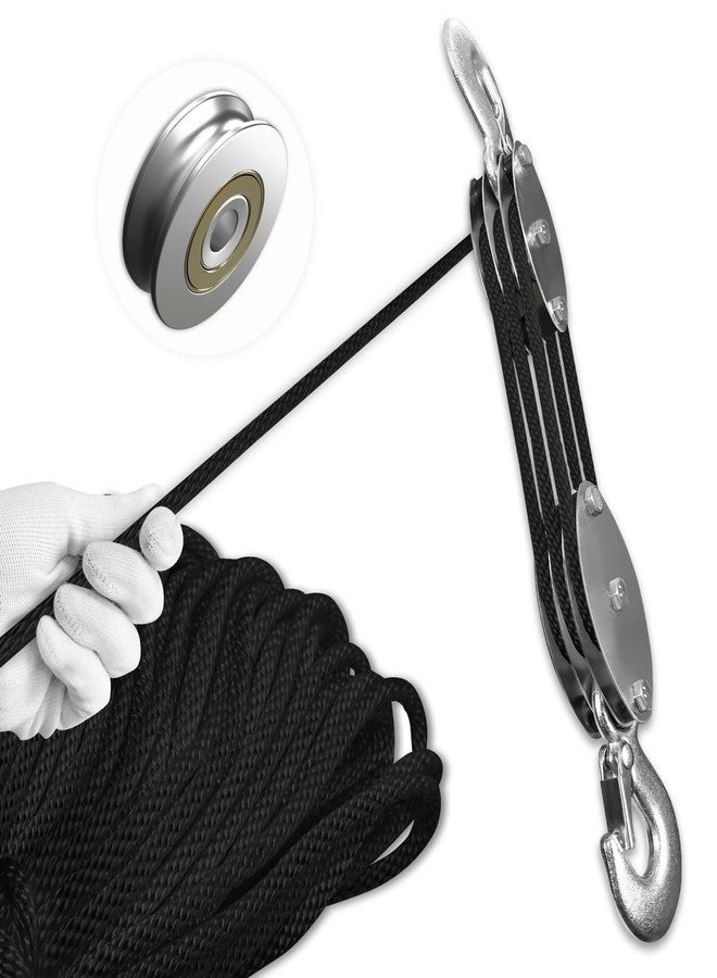 SALIFTFE Block and Tackle Pulley System, Upgraded 3-Wheel Rope Pulley Hoist, 5:1 Lifting Power, 1100LB Work Load with 55Ft of 1/4" Rope, Ultra-Compact Rope Hoist for Garage, Hunting, and Heavy Lifting - Image 1