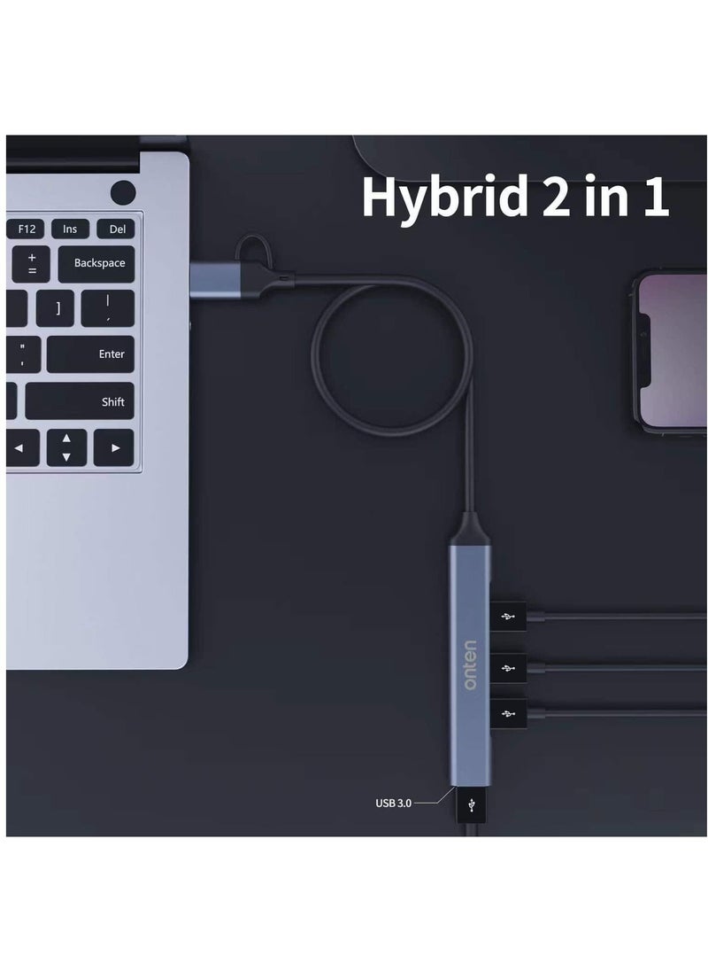 onten - USB C + USB 3.0 to 4 USB Ports for MacBook Pro, iMac 2021, USB Splitter Aluminum Alloy - Image 1