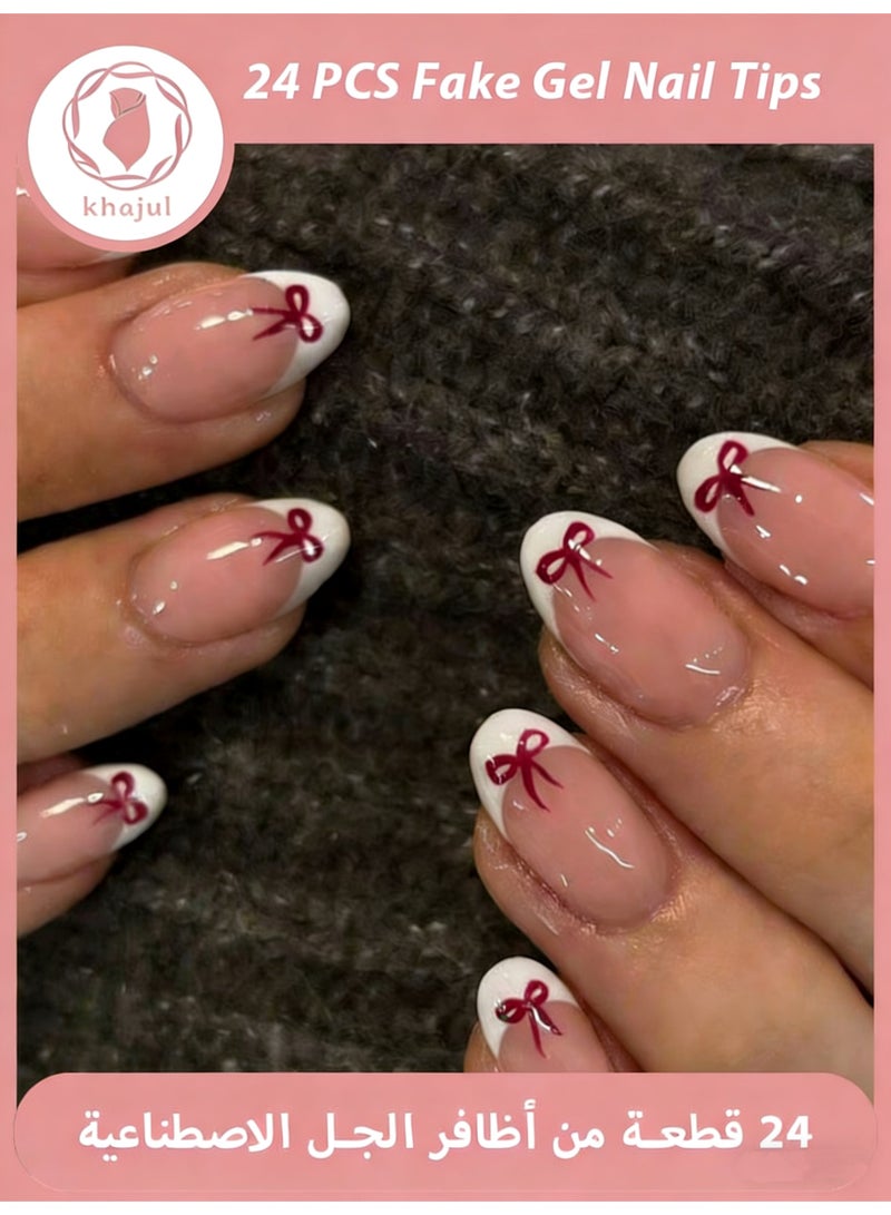 KHAJUL 24 Pcs Short Almond Shape Press On Nailsutterfly Bow Design, Acrylic Glue On Nails, Reusable Full Cover for Women DIY Manicure, Includes 1 Jelly Glue & 1 Nail File - Image 1