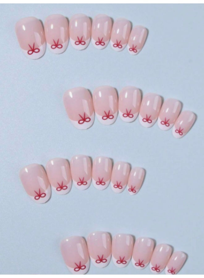 KHAJUL 24 Pcs Short Almond Shape Press On Nailsutterfly Bow Design, Acrylic Glue On Nails, Reusable Full Cover for Women DIY Manicure, Includes 1 Jelly Glue & 1 Nail File - Image 4