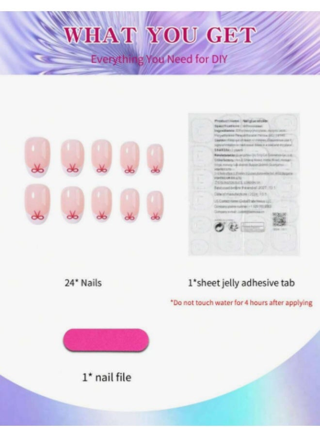 KHAJUL 24 Pcs Short Almond Shape Press On Nailsutterfly Bow Design, Acrylic Glue On Nails, Reusable Full Cover for Women DIY Manicure, Includes 1 Jelly Glue & 1 Nail File - Image 3
