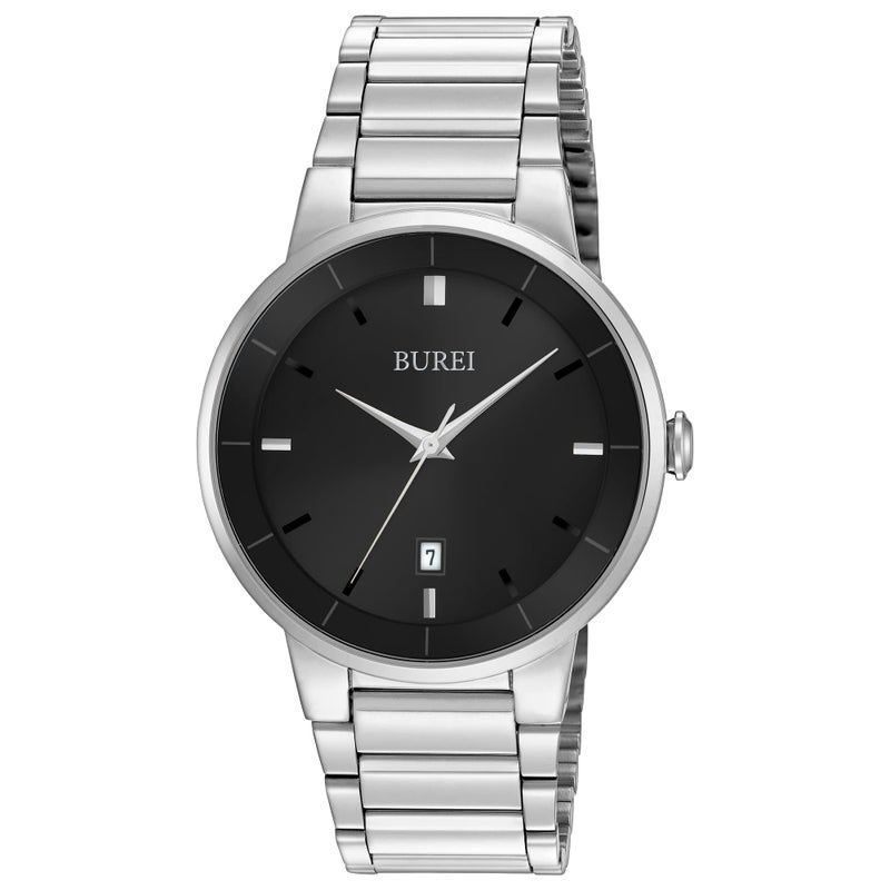 BUREI Men Watches Fashion Stainless Steel Watches for Men Analog Quartz Waterproof WristwatchGift for FatherBlack Silver - Image 2