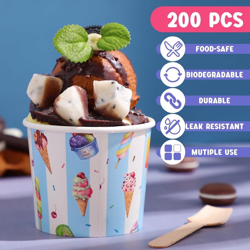 Ninehaoou 200 طقم من أكواب الآيس كريم الورقية وأطباق الحلوى التي يمكن التخلص منها مع ملاعق خشبية صغيرة بالجملة، أكواب حلوى ملونة يمكن التخلص منها وحاويات ومستلزمات حفلات، أكواب حل��ى لحفلة الآيس كريم - Image 5