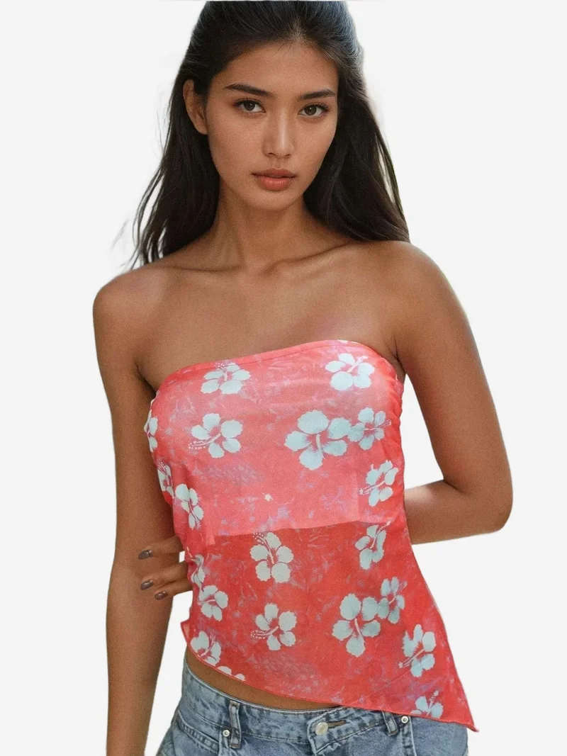 HICCUP Strapless Floral Knitted Crop Top