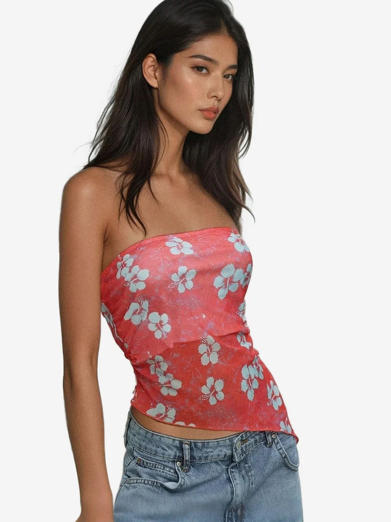 Hiccup Magenta Pink Strapless Floral Knitted Crop Top for Women | Best Price UAE