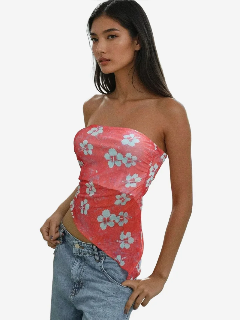 Hiccup Magenta Pink Strapless Floral Knitted Crop Top for Women | Best Price UAE