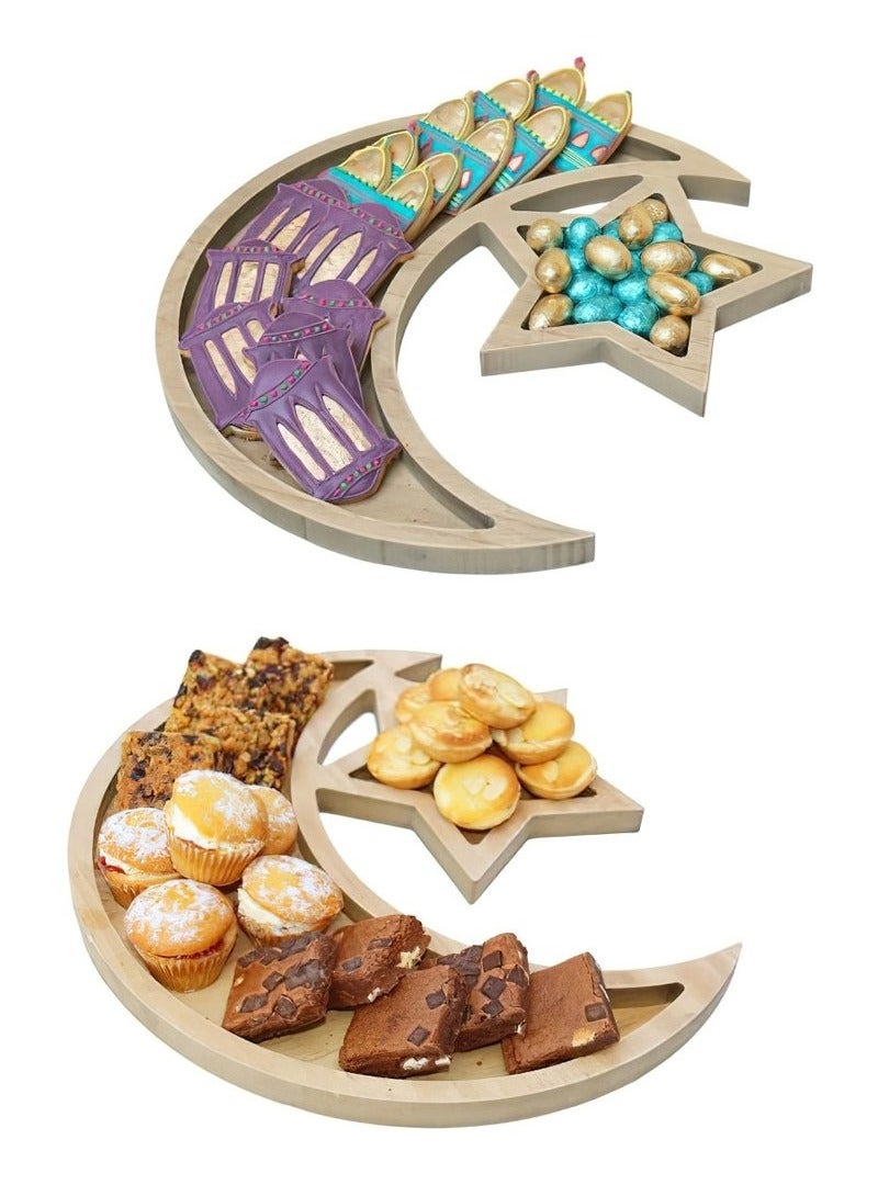 Bukela 2Pcs Ramadan Wood Tray, Chic Wooden Artistic Moon Star Eid Mubarak Party Food Serving Tableware Tray Pastry Dessert Display Holder Ramadan Table Crescent Tray Decoration Ornament - Image 1