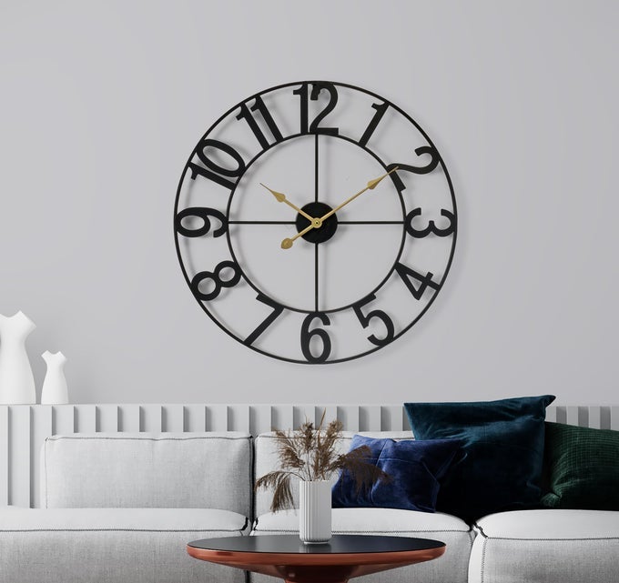 24INCH LARGE WALL CLOCK DECORATIVE BLACK METAL CLOCK WITH GOLD HANDS SILENT BATTERY OPERATED MODERN WALL DECOR FOR LIVING ROOM KITCHEN OR OFFICE GREAT GIFT FOR HOUSEWARMING OR OFFICE
