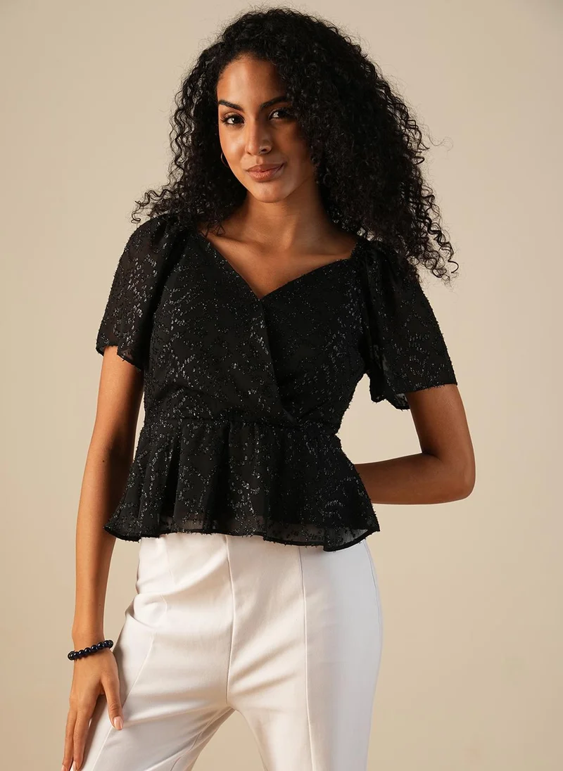 globus Globus Women Sweetheart Neck Puff Sleeves Shiny Self Design Gathered Wrap Party Top