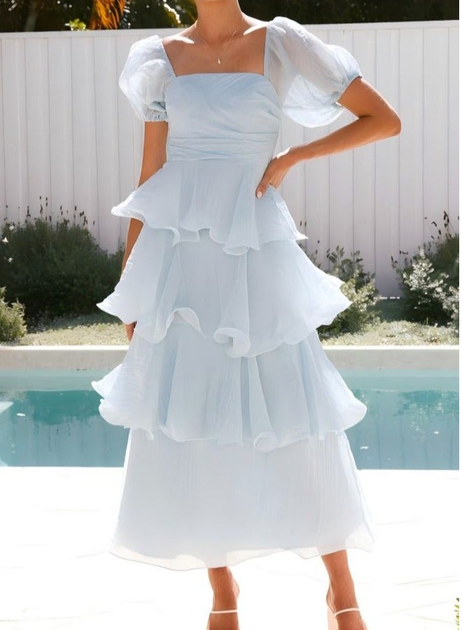 GEXUAN Women's Square Neck Puff Sleeve Tiered Maxi Dress - Image 1