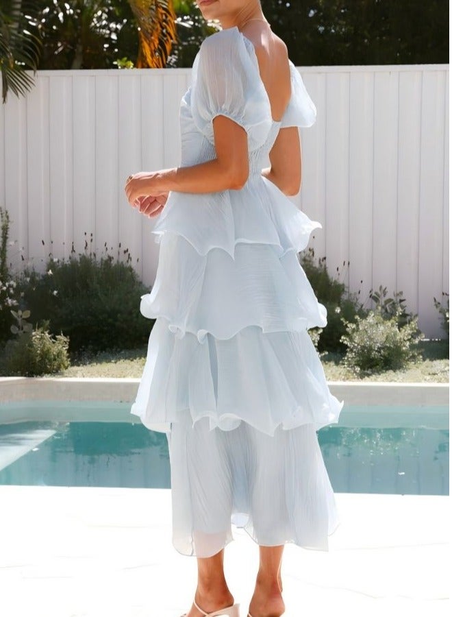 GEXUAN Women's Square Neck Puff Sleeve Tiered Maxi Dress - Image 3