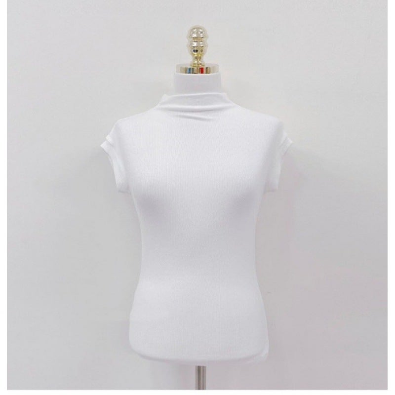 Chic design niche short white T-shirt womens short sleeve slim fit tight top T-shirt half turtleneck bottoming shirt White