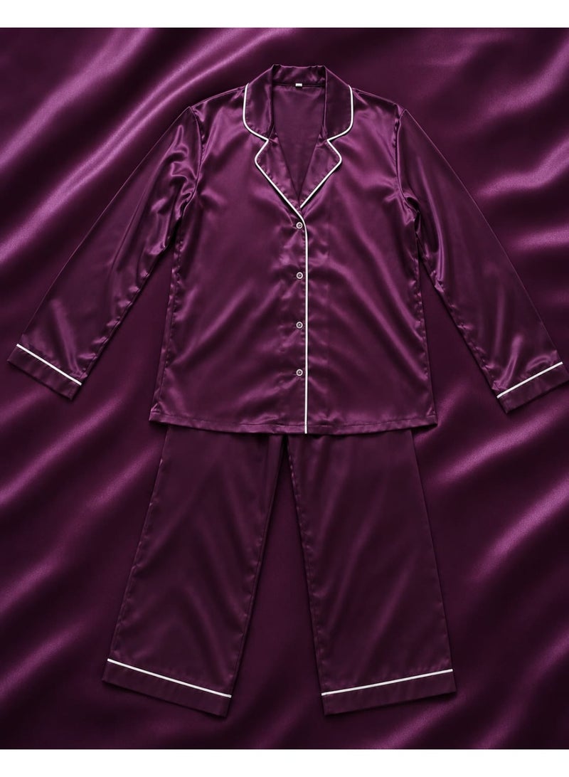 Women's Satin Pajama Set | Long Sleeve Button-Up Shirt & Full-Length Pants | Soft Silk Feel Sleepwear | Purple - Image 2