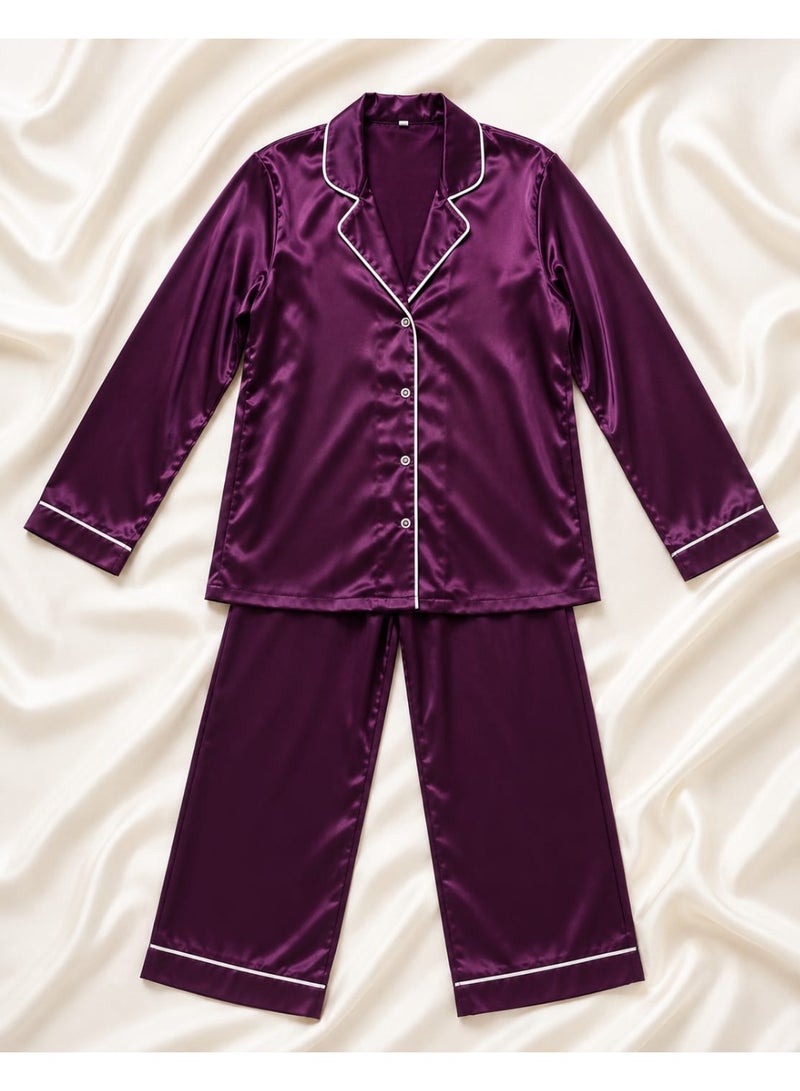 Women's Satin Pajama Set | Long Sleeve Button-Up Shirt & Full-Length Pants | Soft Silk Feel Sleepwear | Purple - Image 3