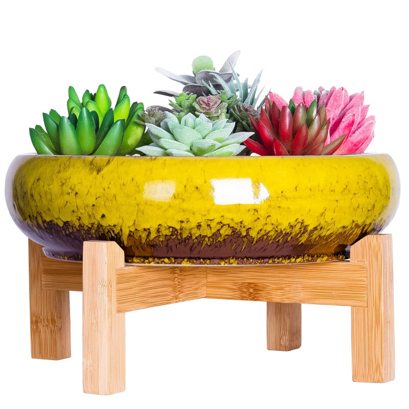 ARTKETTY Succulent Pots  10 Inch Ceramic Bonsai Pots with Drainage Stand Large Shallow Planters for Indoor Plants Glazed Cactus Flower Planter Container Bowl
