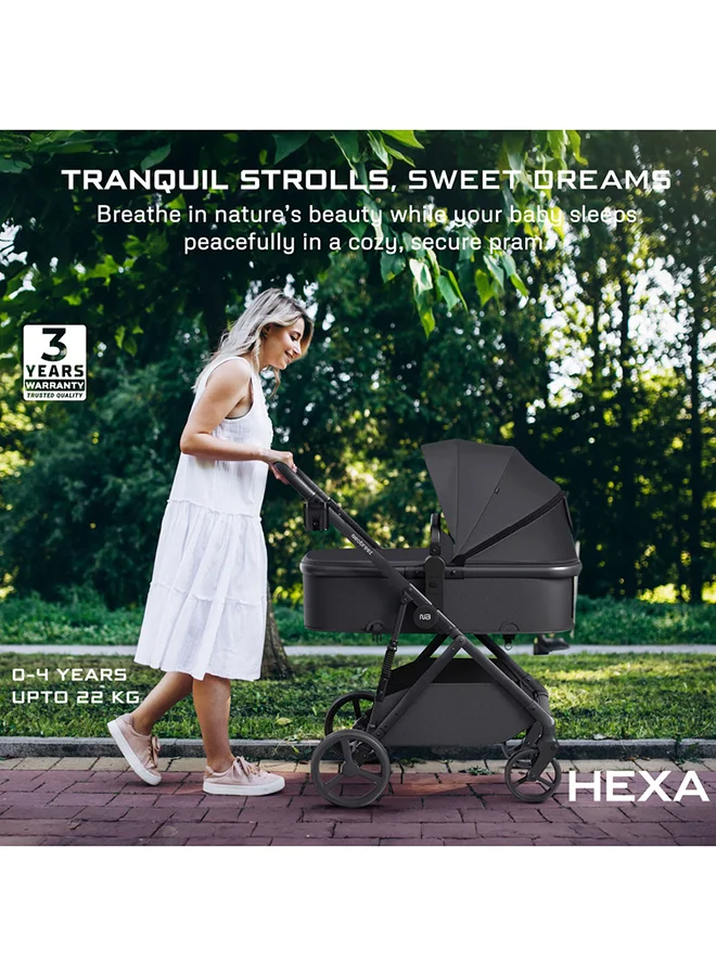 نيوبريز عربة أطفال HEXA 2 في 1 قابلة للتحويل مع سرير أطفال، سلة XL، مظلة مقاومة للماء UPF 50+، مقبض قابل للعكس، حامل أكواب مزدوج، 0-4 سنوات، 22 كجم، ضمان 3 سنوات