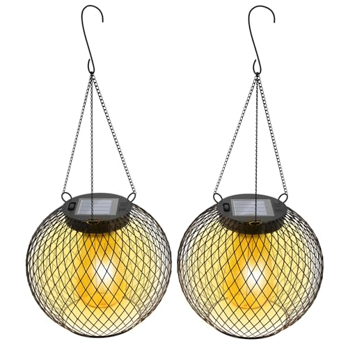 HOTEAGLE Solar Hanging Lights, Waterproof Outdoor Decorative Globe Lanterns with Vintage Edison Bulb, LED Retro Metal Mesh Pendant Light for Garden, Patio, Yard, Tree Decor (Black-2-Pack) - Image 2