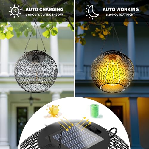 HOTEAGLE Solar Hanging Lights, Waterproof Outdoor Decorative Globe Lanterns with Vintage Edison Bulb, LED Retro Metal Mesh Pendant Light for Garden, Patio, Yard, Tree Decor (Black-2-Pack) - Image 5