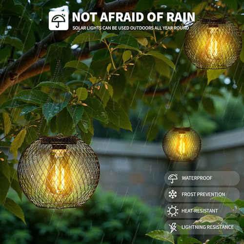 HOTEAGLE Solar Hanging Lights, Waterproof Outdoor Decorative Globe Lanterns with Vintage Edison Bulb, LED Retro Metal Mesh Pendant Light for Garden, Patio, Yard, Tree Decor (Black-2-Pack) - Image 4